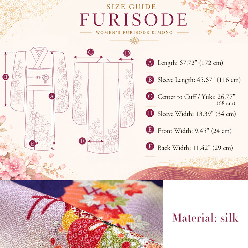 Vintage Japanese Furisode Kimono, Authentic Silk Formal Kimono Made in Japan, "Lavender Majesty" – Soft Purple Chirimen Crepe Kimono with Waves, Peony & Chrysanthemum
