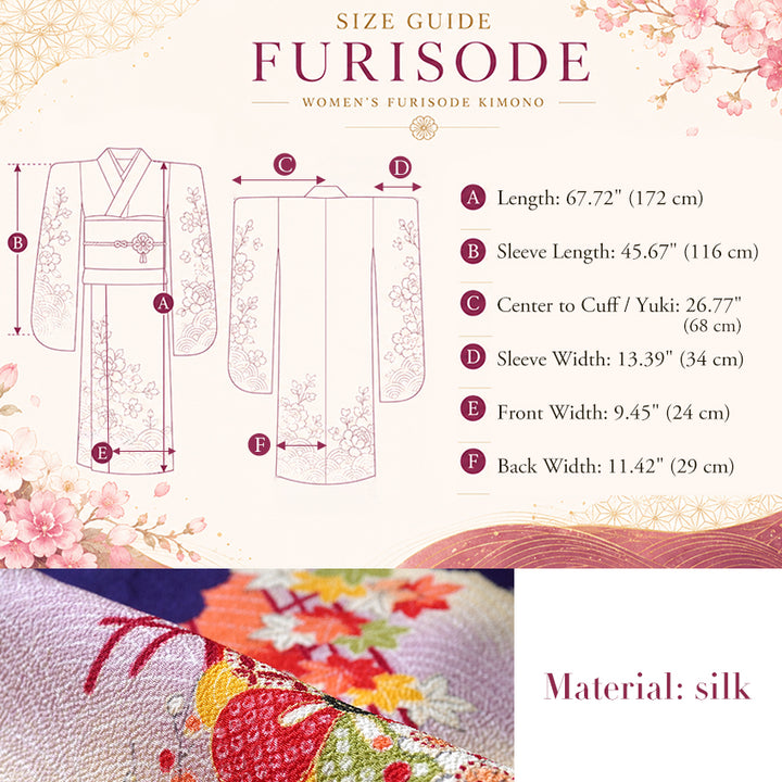 Vintage Japanese Furisode Kimono, Authentic Silk Formal Kimono Made in Japan, "Lavender Majesty" – Soft Purple Chirimen Crepe Kimono with Waves, Peony & Chrysanthemum