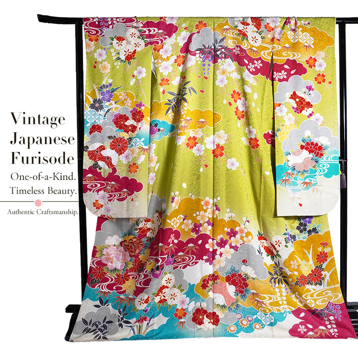 Vintage Japanese Furisode Kimono, Authentic Silk Formal Kimono Made in Japan, "Spring Stream Elegance" – Lime Green Silk Kimono with Golden Sakura, Bamboo & Stream