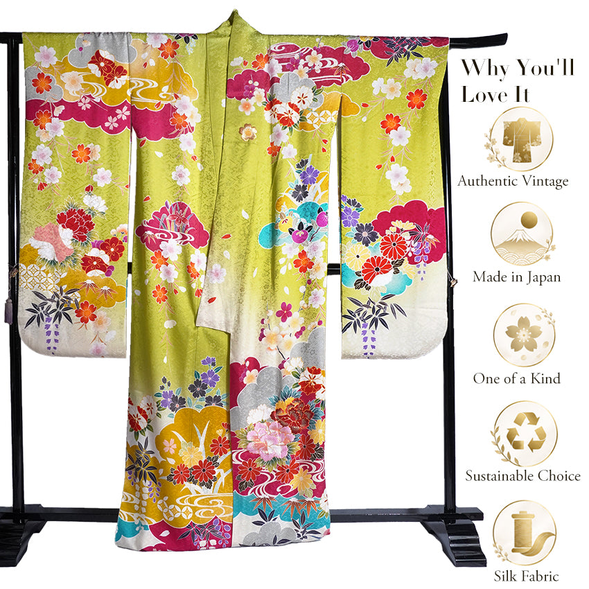 Vintage Japanese Furisode Kimono, Authentic Silk Formal Kimono Made in Japan, "Spring Stream Elegance" – Lime Green Silk Kimono with Golden Sakura, Bamboo & Stream