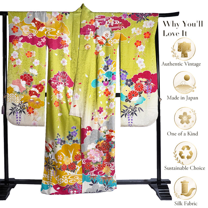 Vintage Japanese Furisode Kimono, Authentic Silk Formal Kimono Made in Japan, "Spring Stream Elegance" – Lime Green Silk Kimono with Golden Sakura, Bamboo & Stream