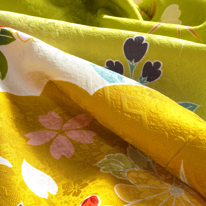 Vintage Japanese Furisode Kimono, Authentic Silk Formal Kimono Made in Japan, "Spring Stream Elegance" – Lime Green Silk Kimono with Golden Sakura, Bamboo & Stream