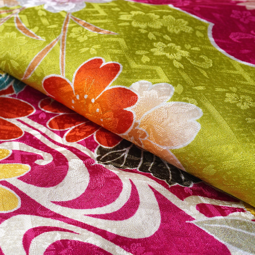 Vintage Japanese Furisode Kimono, Authentic Silk Formal Kimono Made in Japan, "Spring Stream Elegance" – Lime Green Silk Kimono with Golden Sakura, Bamboo & Stream