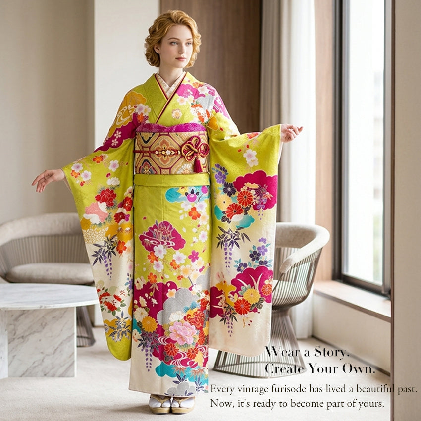 Vintage Japanese Furisode Kimono, Authentic Silk Formal Kimono Made in Japan, "Spring Stream Elegance" – Lime Green Silk Kimono with Golden Sakura, Bamboo & Stream