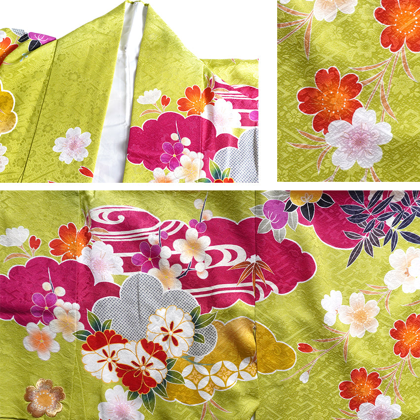 Vintage Japanese Furisode Kimono, Authentic Silk Formal Kimono Made in Japan, "Spring Stream Elegance" – Lime Green Silk Kimono with Golden Sakura, Bamboo & Stream