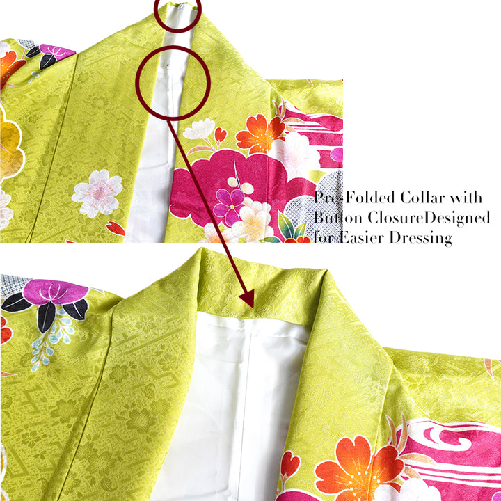 Vintage Japanese Furisode Kimono, Authentic Silk Formal Kimono Made in Japan, "Spring Stream Elegance" – Lime Green Silk Kimono with Golden Sakura, Bamboo & Stream