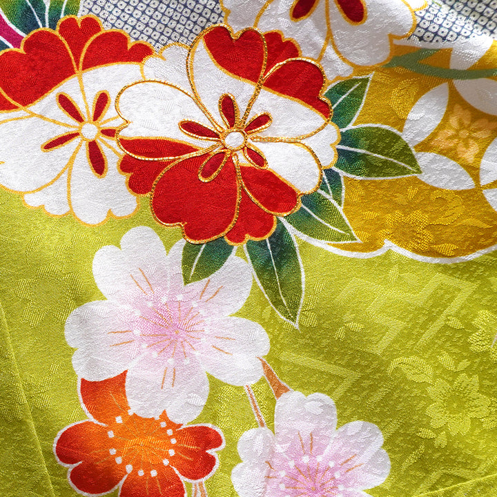 Vintage Japanese Furisode Kimono, Authentic Silk Formal Kimono Made in Japan, "Spring Stream Elegance" – Lime Green Silk Kimono with Golden Sakura, Bamboo & Stream