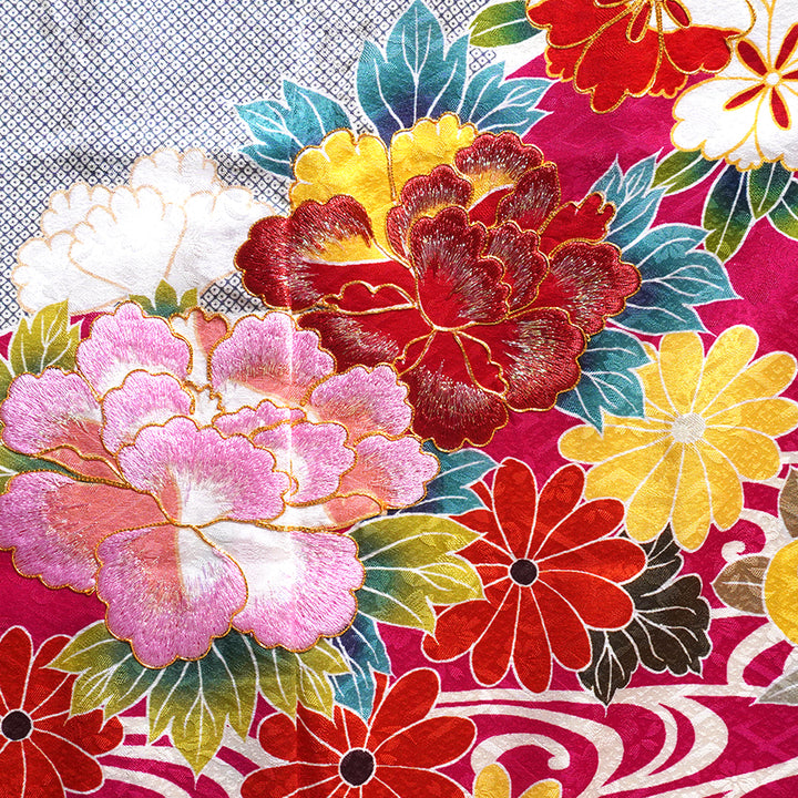 Vintage Japanese Furisode Kimono, Authentic Silk Formal Kimono Made in Japan, "Spring Stream Elegance" – Lime Green Silk Kimono with Golden Sakura, Bamboo & Stream