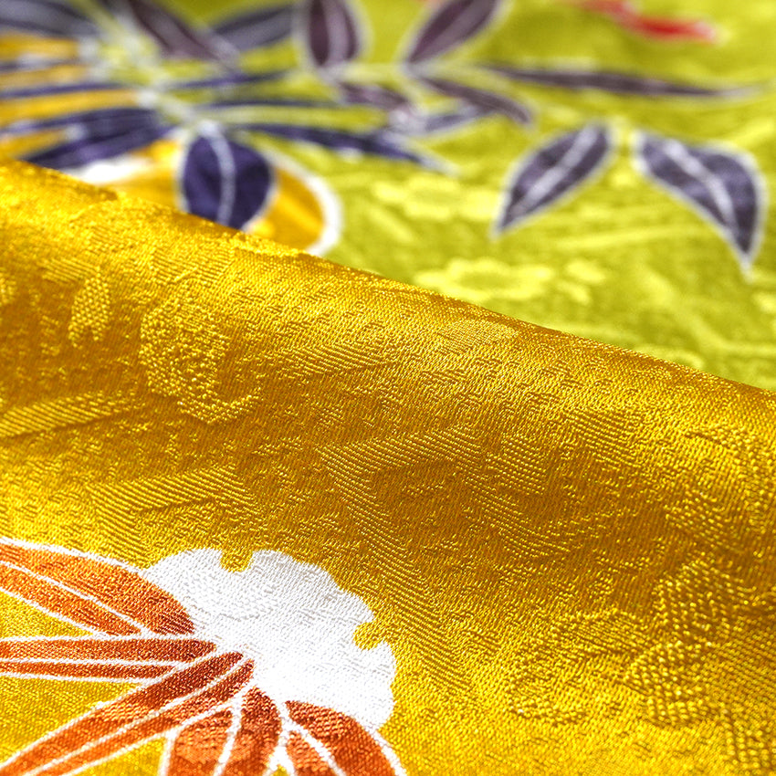 Vintage Japanese Furisode Kimono, Authentic Silk Formal Kimono Made in Japan, "Spring Stream Elegance" – Lime Green Silk Kimono with Golden Sakura, Bamboo & Stream