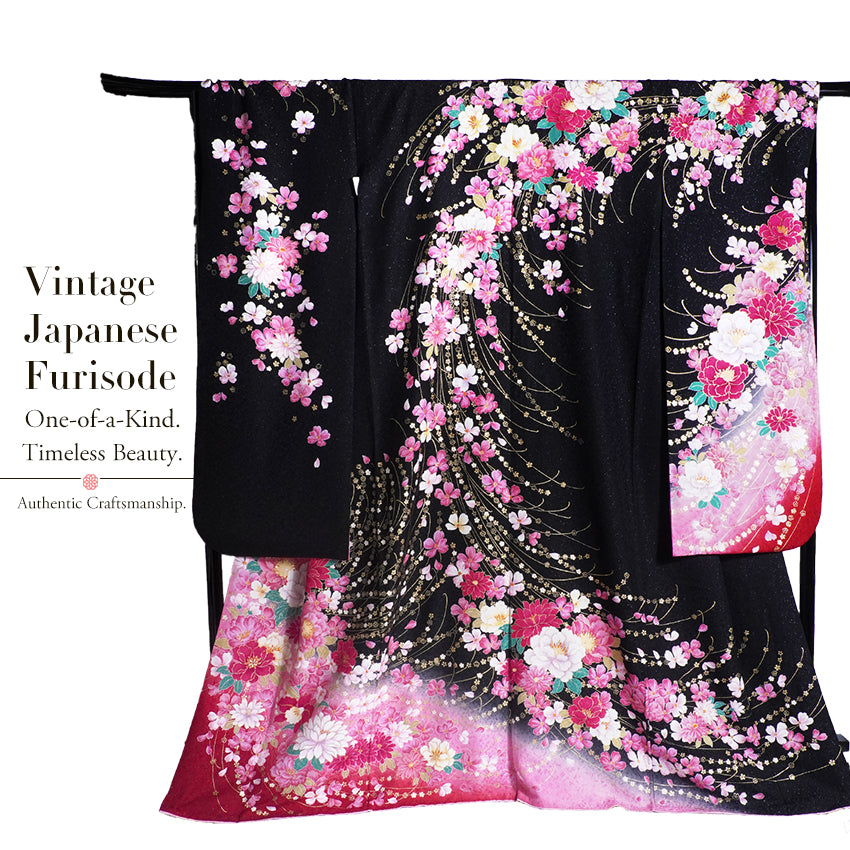 Vintage Japanese Furisode Kimono, Authentic Silk Formal Kimono Made in Japan, "Midnight Glamour" – Black & Shimmer Pink Silk Kimono with Golden Sakura & Peony