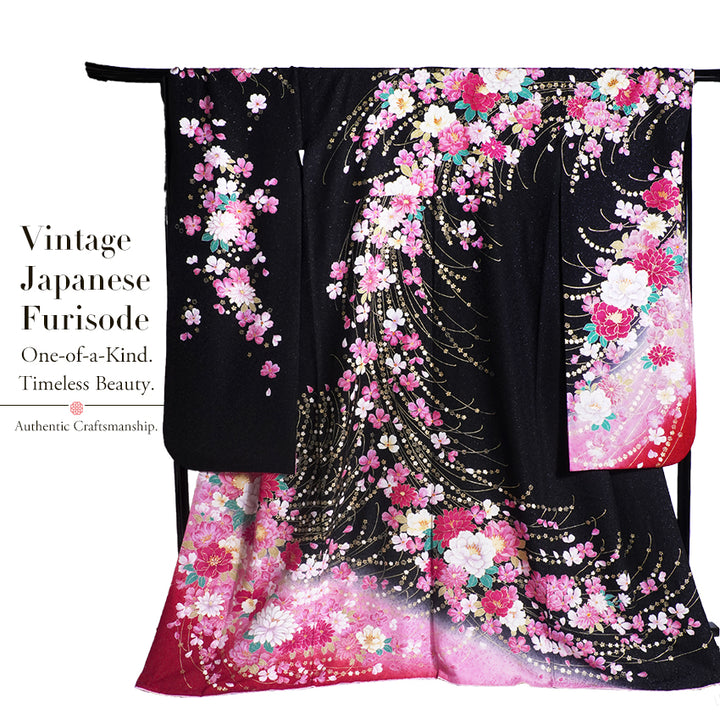 Vintage Japanese Furisode Kimono, Authentic Silk Formal Kimono Made in Japan, "Midnight Glamour" – Black & Shimmer Pink Silk Kimono with Golden Sakura & Peony