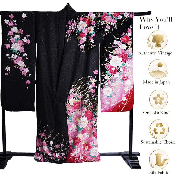 Vintage Japanese Furisode Kimono, Authentic Silk Formal Kimono Made in Japan, "Midnight Glamour" – Black & Shimmer Pink Silk Kimono with Golden Sakura & Peony