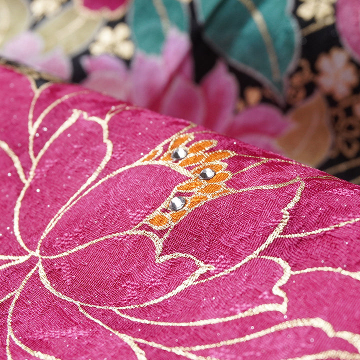 Vintage Japanese Furisode Kimono, Authentic Silk Formal Kimono Made in Japan, "Midnight Glamour" – Black & Shimmer Pink Silk Kimono with Golden Sakura & Peony