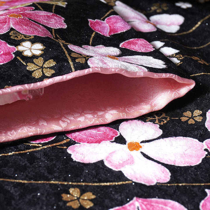 Vintage Japanese Furisode Kimono, Authentic Silk Formal Kimono Made in Japan, "Midnight Glamour" – Black & Shimmer Pink Silk Kimono with Golden Sakura & Peony