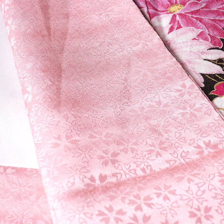 Vintage Japanese Furisode Kimono, Authentic Silk Formal Kimono Made in Japan, "Midnight Glamour" – Black & Shimmer Pink Silk Kimono with Golden Sakura & Peony