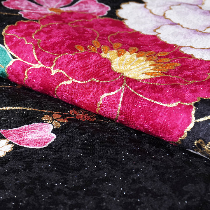 Vintage Japanese Furisode Kimono, Authentic Silk Formal Kimono Made in Japan, "Midnight Glamour" – Black & Shimmer Pink Silk Kimono with Golden Sakura & Peony