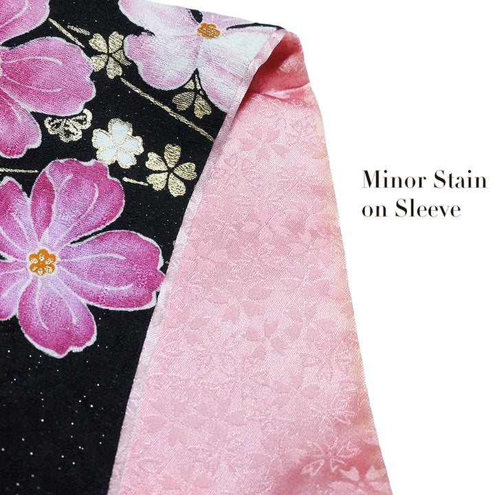 Vintage Japanese Furisode Kimono, Authentic Silk Formal Kimono Made in Japan, "Midnight Glamour" – Black & Shimmer Pink Silk Kimono with Golden Sakura & Peony