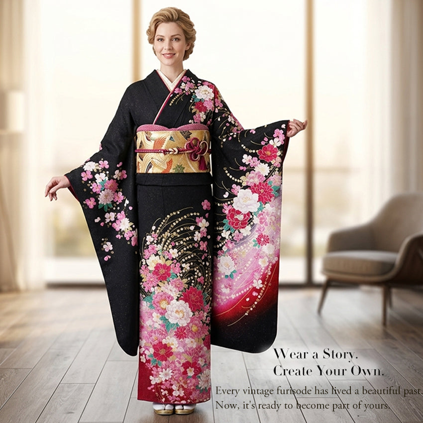 Vintage Japanese Furisode Kimono, Authentic Silk Formal Kimono Made in Japan, "Midnight Glamour" – Black & Shimmer Pink Silk Kimono with Golden Sakura & Peony
