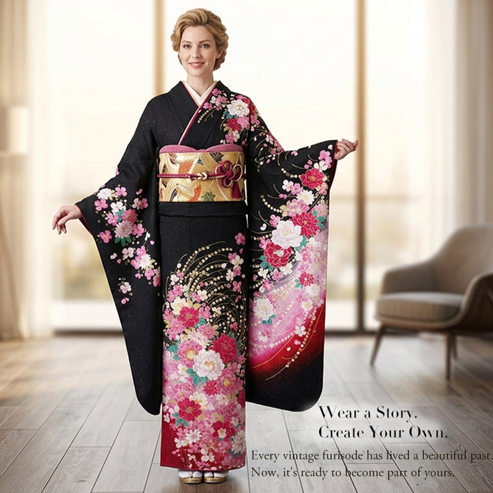 Vintage Japanese Furisode Kimono, Authentic Silk Formal Kimono Made in Japan, "Midnight Glamour" – Black & Shimmer Pink Silk Kimono with Golden Sakura & Peony