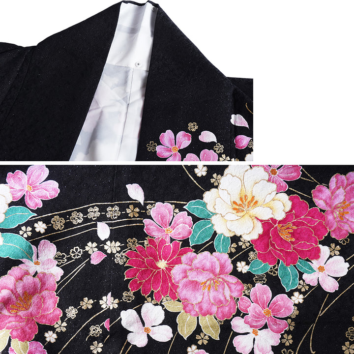 Vintage Japanese Furisode Kimono, Authentic Silk Formal Kimono Made in Japan, "Midnight Glamour" – Black & Shimmer Pink Silk Kimono with Golden Sakura & Peony
