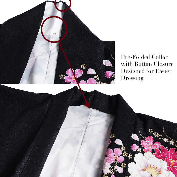 Vintage Japanese Furisode Kimono, Authentic Silk Formal Kimono Made in Japan, "Midnight Glamour" – Black & Shimmer Pink Silk Kimono with Golden Sakura & Peony