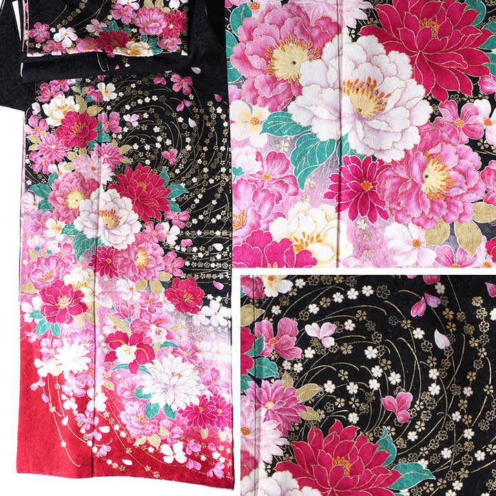 Vintage Japanese Furisode Kimono, Authentic Silk Formal Kimono Made in Japan, "Midnight Glamour" – Black & Shimmer Pink Silk Kimono with Golden Sakura & Peony