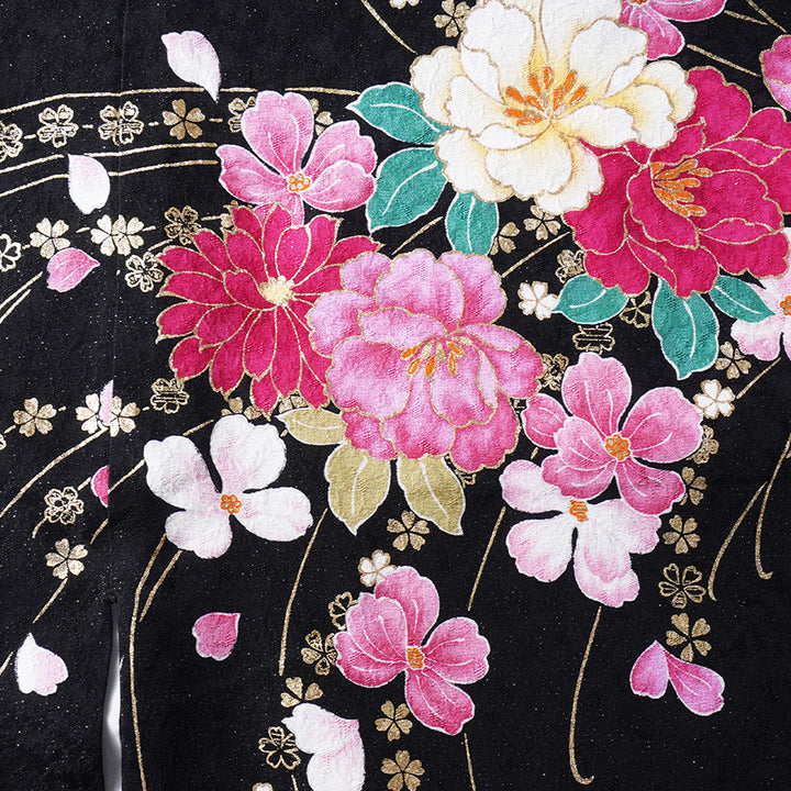 Vintage Japanese Furisode Kimono, Authentic Silk Formal Kimono Made in Japan, "Midnight Glamour" – Black & Shimmer Pink Silk Kimono with Golden Sakura & Peony