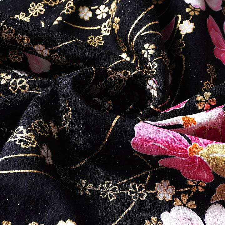 Vintage Japanese Furisode Kimono, Authentic Silk Formal Kimono Made in Japan, "Midnight Glamour" – Black & Shimmer Pink Silk Kimono with Golden Sakura & Peony