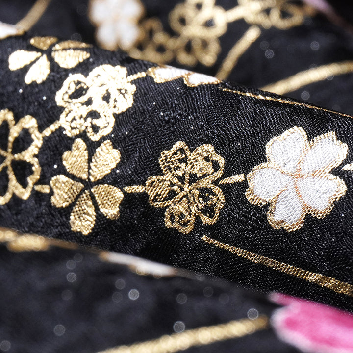 Vintage Japanese Furisode Kimono, Authentic Silk Formal Kimono Made in Japan, "Midnight Glamour" – Black & Shimmer Pink Silk Kimono with Golden Sakura & Peony