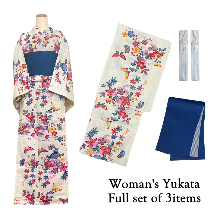 Women's Yukata Full Set  : Red flowers, Butterfly & Dark blue