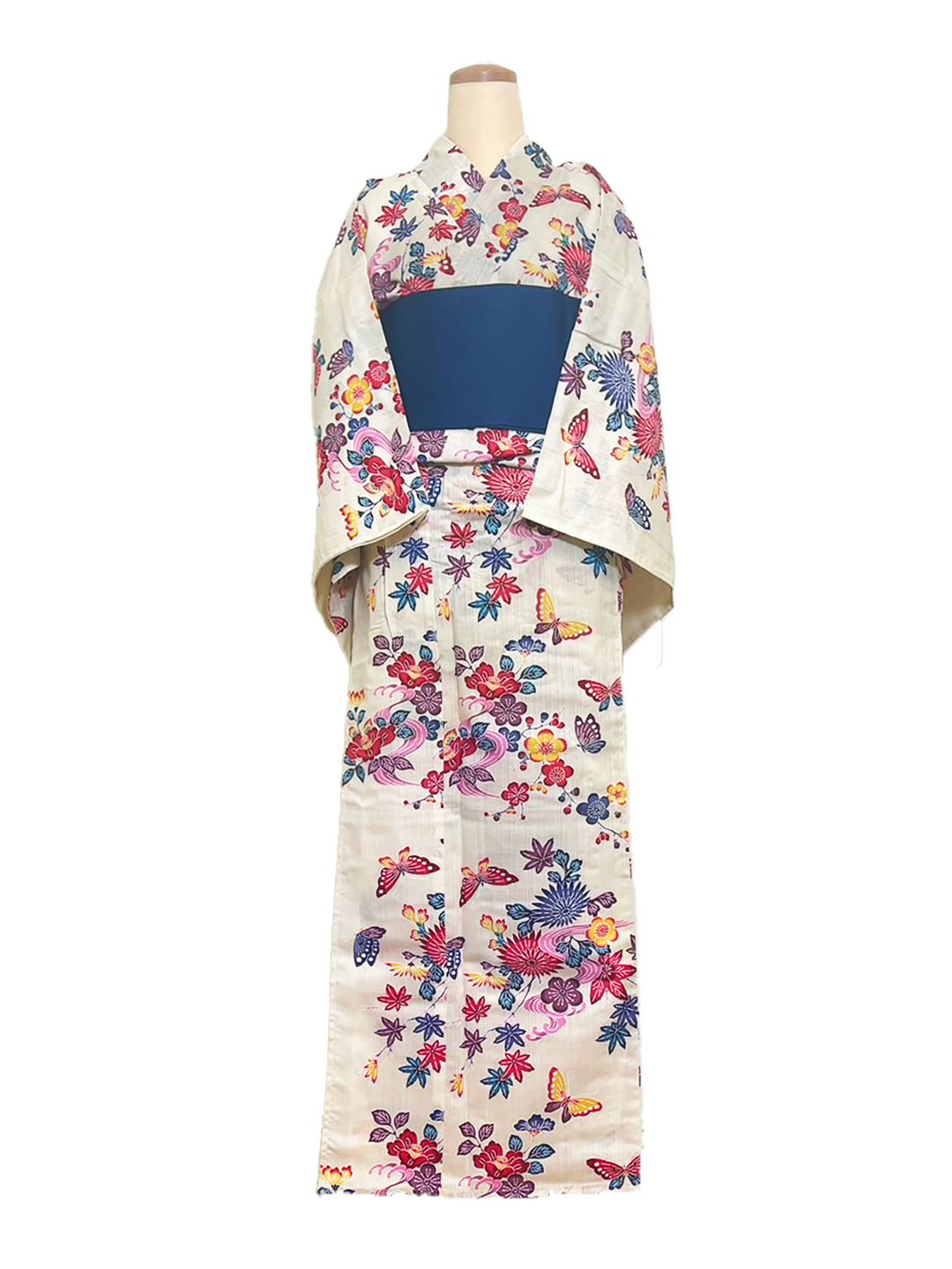 Women's Yukata Full Set  : Red flowers, Butterfly & Dark blue