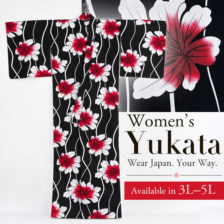 Plus‑Size Women's Cotton Yukata (3L/4L/5L), Casual Summer Kimono – Black with Wavy Stripes and Red Leaf Pattern