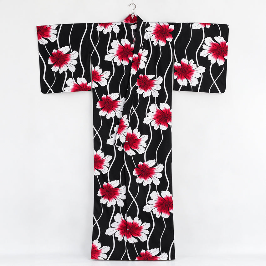 Plus‑Size Women's Cotton Yukata (3L/4L/5L), Casual Summer Kimono – Black with Wavy Stripes and Red Leaf Pattern