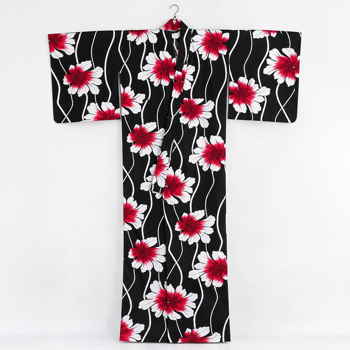 Plus‑Size Women's Cotton Yukata (3L/4L/5L), Casual Summer Kimono – Black with Wavy Stripes and Red Leaf Pattern