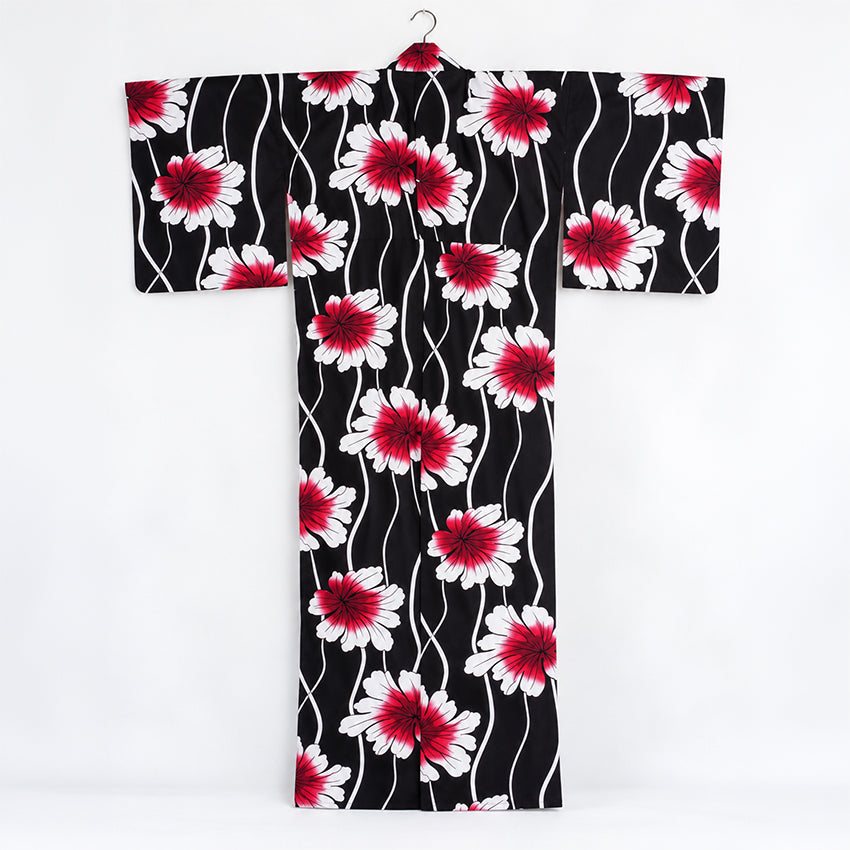 Plus‑Size Women's Cotton Yukata (3L/4L/5L), Casual Summer Kimono – Black with Wavy Stripes and Red Leaf Pattern