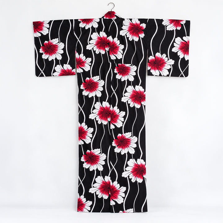 Plus‑Size Women's Cotton Yukata (3L/4L/5L), Casual Summer Kimono – Black with Wavy Stripes and Red Leaf Pattern