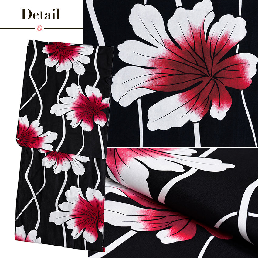 Plus‑Size Women's Cotton Yukata (3L/4L/5L), Casual Summer Kimono – Black with Wavy Stripes and Red Leaf Pattern