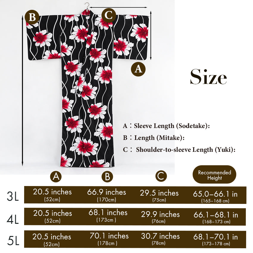 Plus‑Size Women's Cotton Yukata (3L/4L/5L), Casual Summer Kimono – Black with Wavy Stripes and Red Leaf Pattern