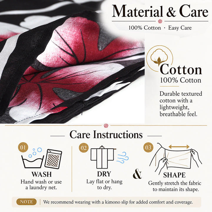 Plus‑Size Women's Cotton Yukata (3L/4L/5L), Casual Summer Kimono – Black with Wavy Stripes and Red Leaf Pattern