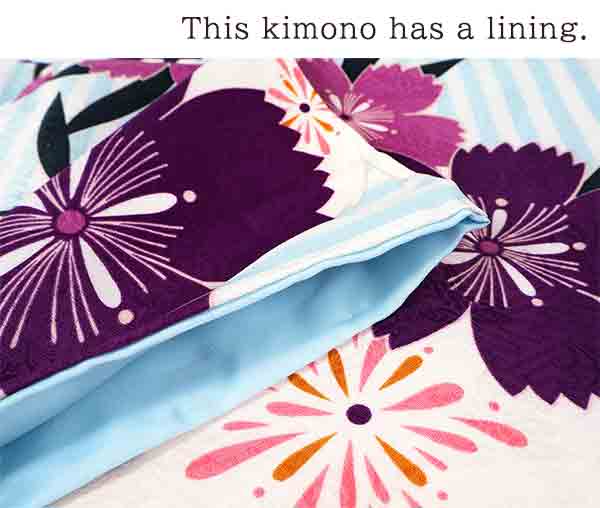 Washable pre-tailored Lined KIMONO【ONE-SIZE】（Light blue and white stripes with a large petal pattern.）