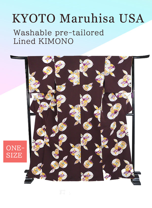 Washable pre-tailored Lined KIMONO【ONE-SIZE】（Chrysanthemums, bellflowers, and plums in cloisonne.）