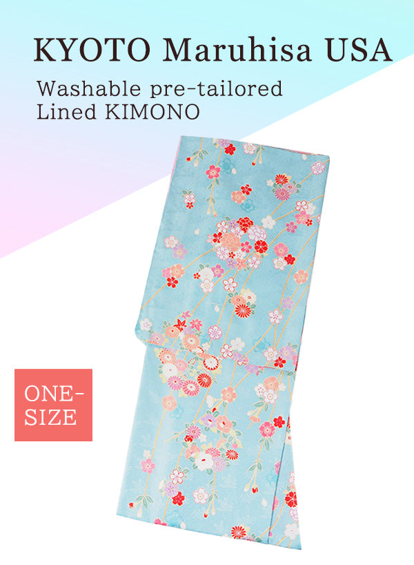 Washable pre-tailored Lined KIMONO【ONE-SIZE】（Pattern of weeping cherry blossoms, chrysanthemums, and peonies with a gauze pattern.）