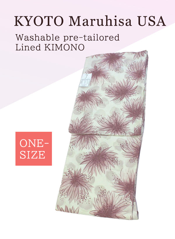 Washable pre-tailored Lined KIMONO【ONE-SIZE】（Large dahlia-like flowers pattern.）