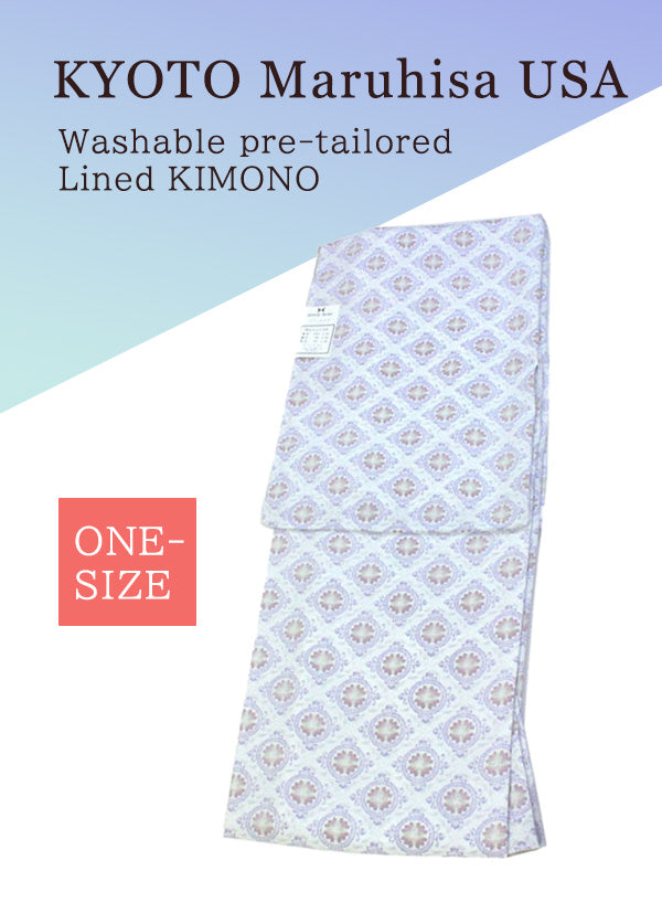 Washable pre-tailored Lined KIMONO【ONE-SIZE】（Purple floral water chestnut tile pattern.）