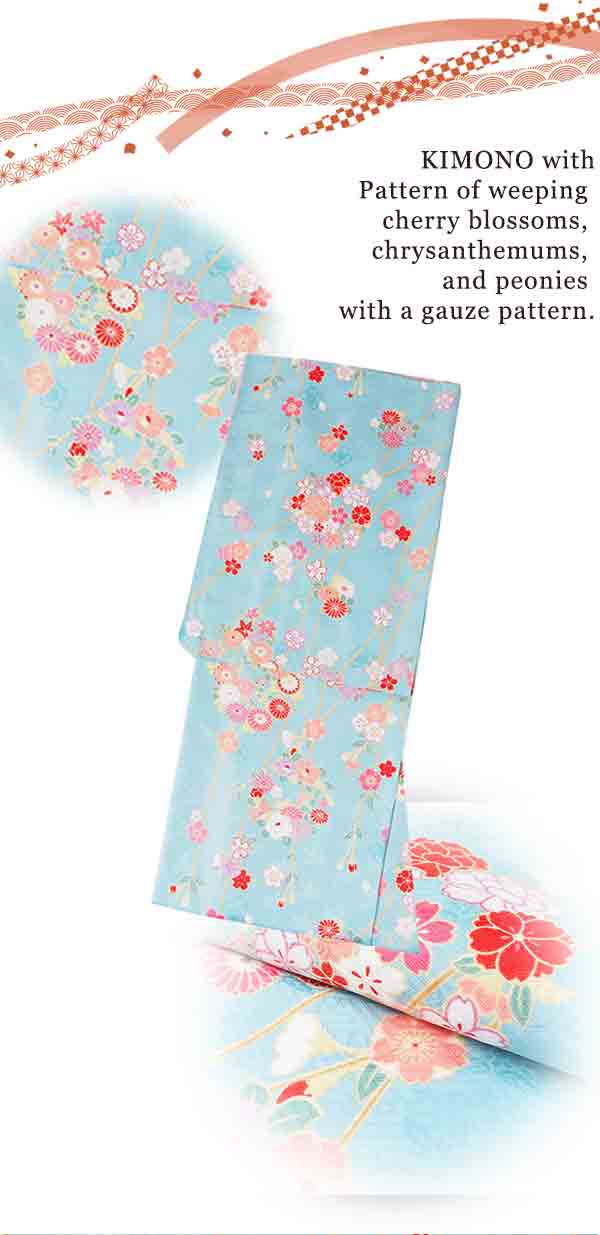 Washable pre-tailored Lined KIMONO【ONE-SIZE】（Pattern of weeping cherry blossoms, chrysanthemums, and peonies with a gauze pattern.）