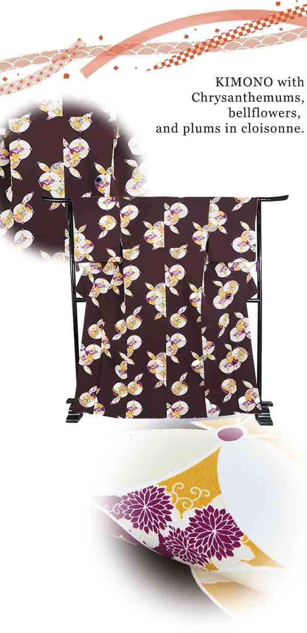 Washable pre-tailored Lined KIMONO【ONE-SIZE】（Chrysanthemums, bellflowers, and plums in cloisonne.）