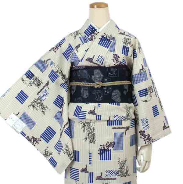 Washable pre-tailored Lined KIMONO【ONE-SIZE】（Blue geometric patterns, polka dots and orchids on latticework pattern.）