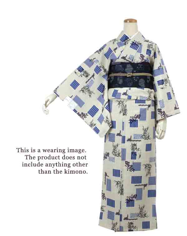 Washable pre-tailored Lined KIMONO【ONE-SIZE】（Blue geometric patterns, polka dots and orchids on latticework pattern.）