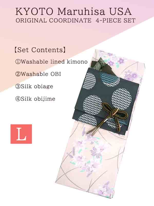 Washable Kimono tailored ORIGINAL COORDINATE ４PIECE-SET【L】（KIMONO with a Lilies, Chrysanthemums , Daphne floral pattern.）