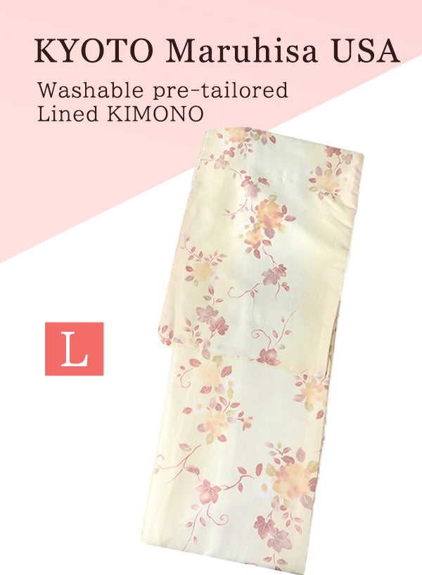 Washable pre-tailored Lined KIMONO【L】（Light cherry blossom-like flower pattern.）